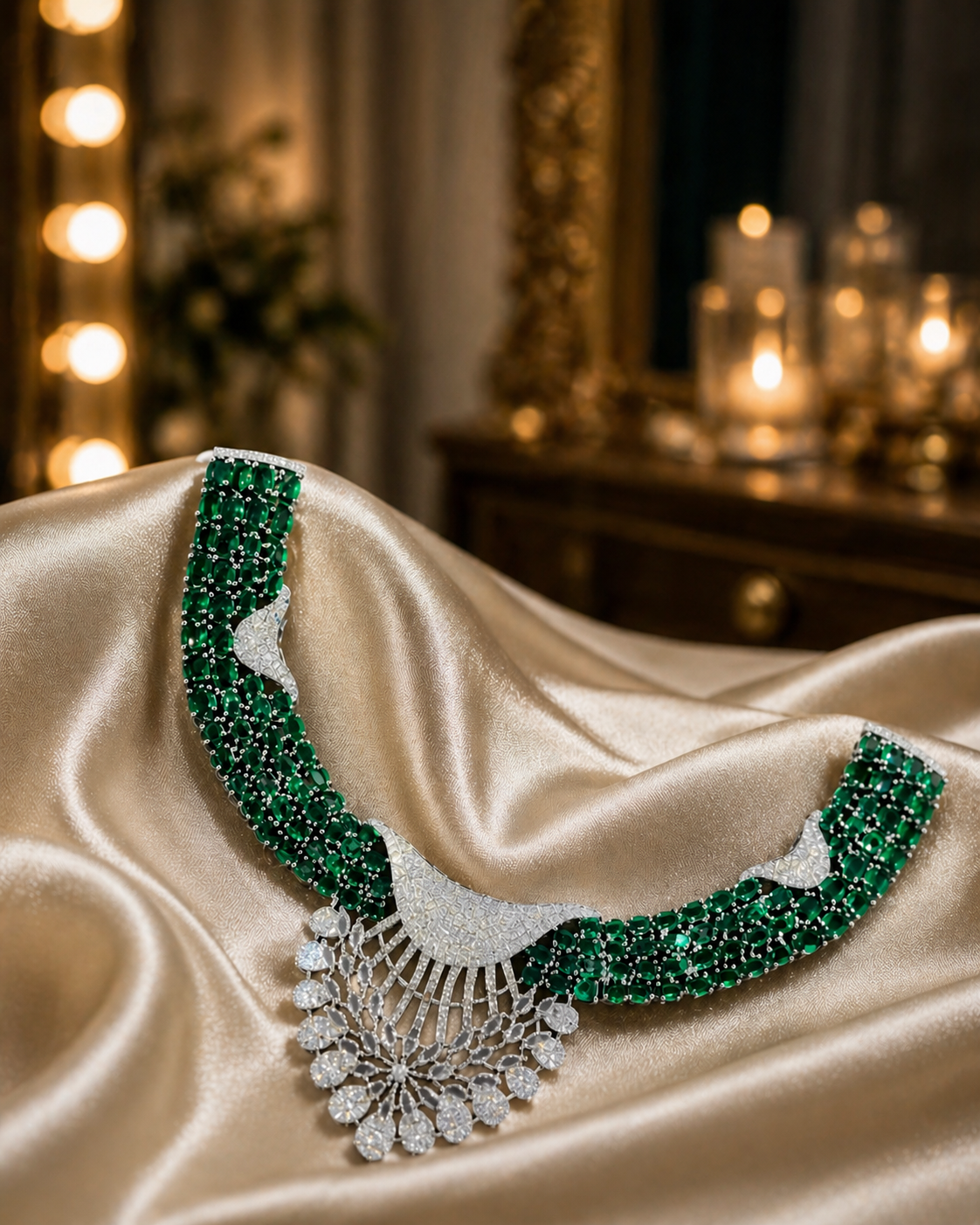 Zulekha Emerald Regalia Diamond Set – emerald green American Diamond necklace and earring set