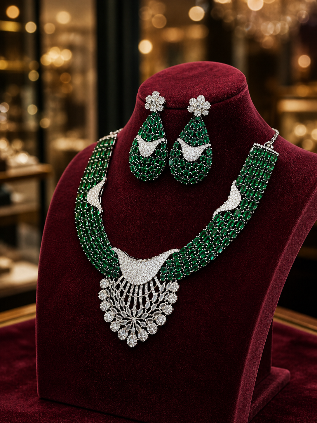 Zulekha Emerald Regalia Diamond Set – emerald green American Diamond necklace and earring set