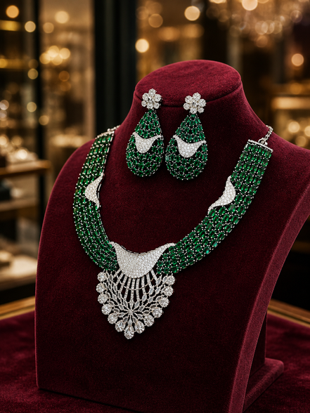 Zulekha Emerald Regalia Diamond Set – emerald green American Diamond necklace and earring set