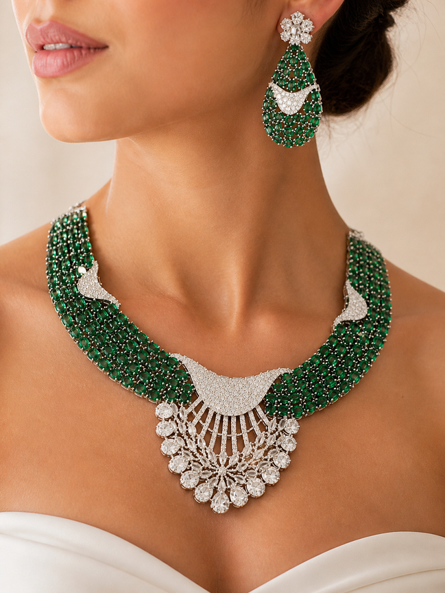 Zulekha Emerald Regalia Diamond Set – emerald green American Diamond necklace and earring set