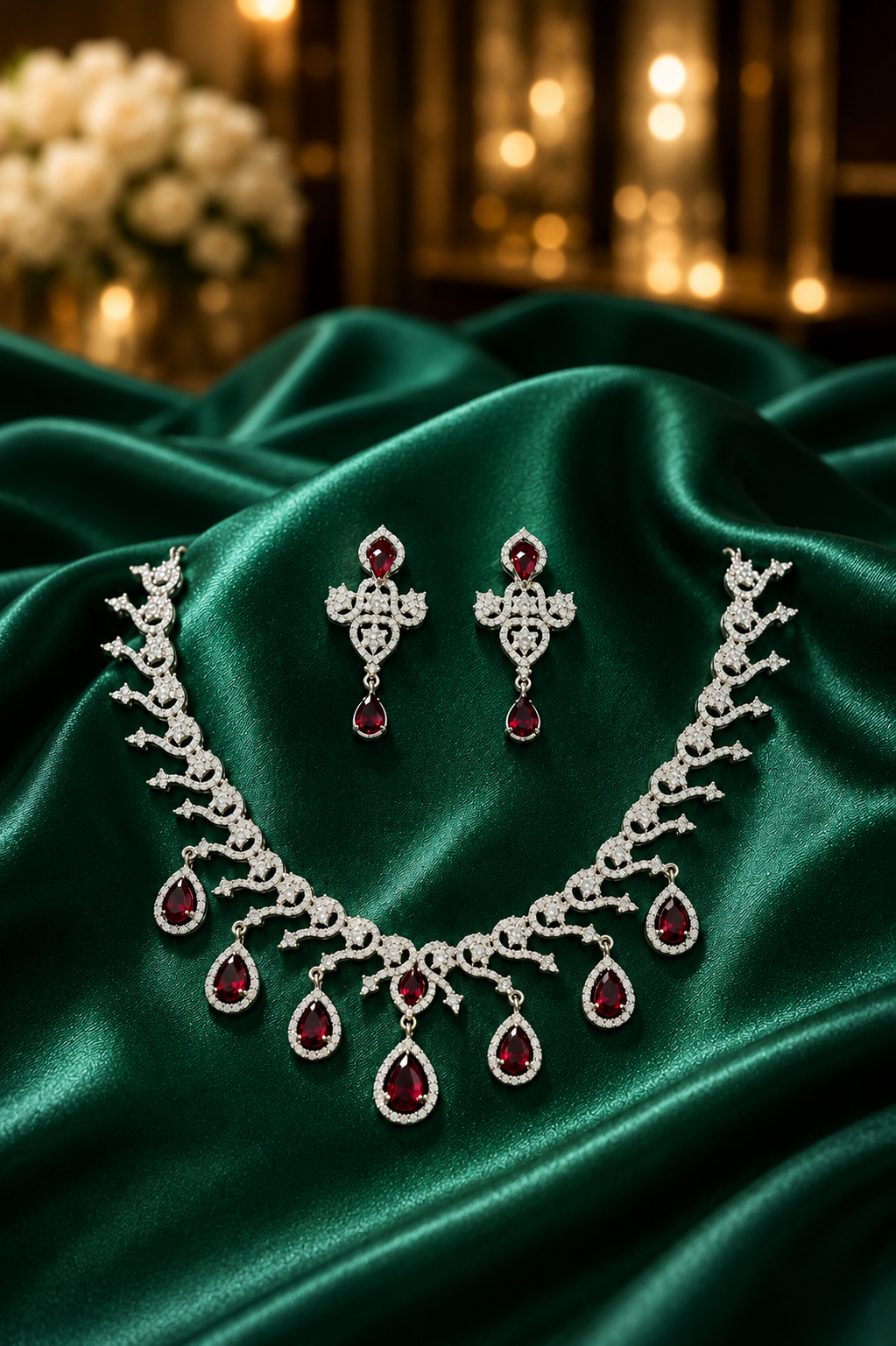 Zulekha Garnet Drop Diamond Set – red garnet American Diamond necklace and earring set