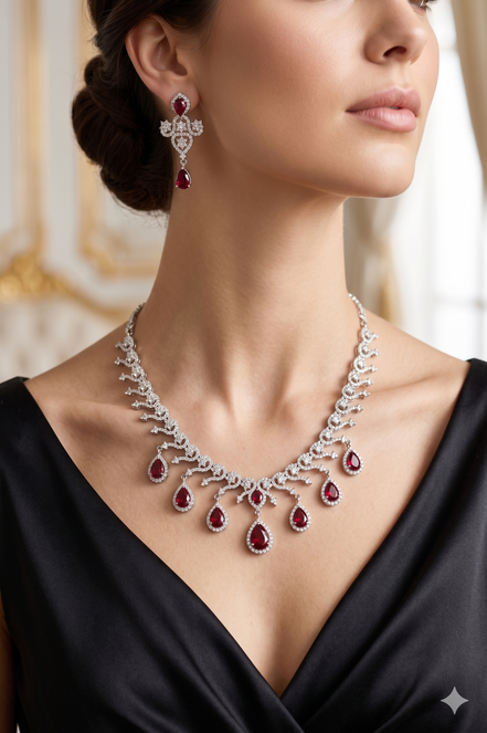 Zulekha Garnet Drop Diamond Set – red garnet American Diamond necklace and earring set