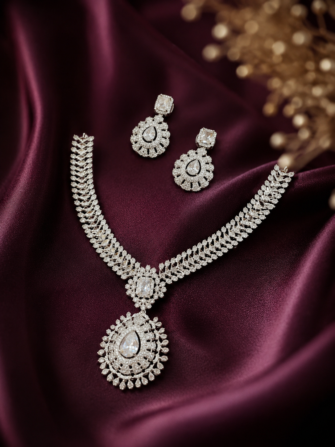 Zulekha Ivory Dewdrop Diamond Set – ivory white American Diamond necklace and earring set
