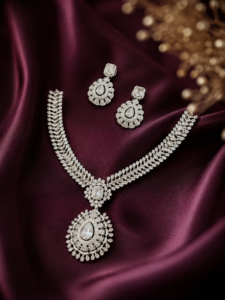 Zulekha Ivory Dewdrop Diamond Set – ivory white American Diamond necklace and earring set