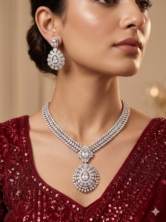 Zulekha Ivory Dewdrop Diamond Set – ivory white American Diamond necklace and earring set