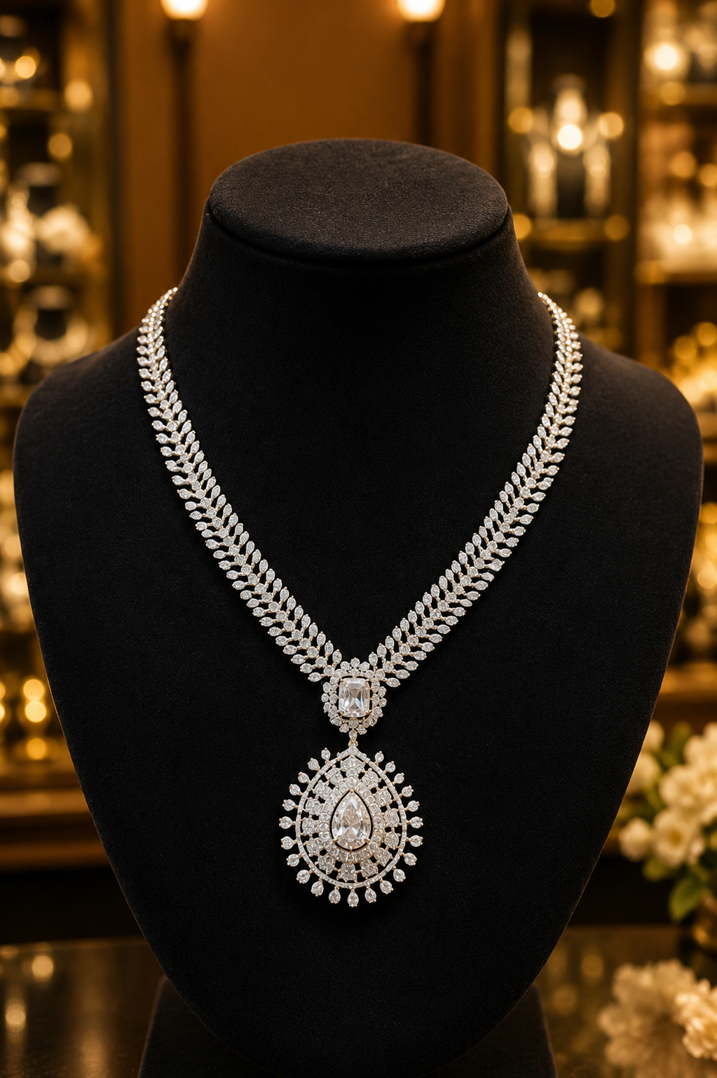Zulekha Ivory Dewdrop Diamond Set – ivory white American Diamond necklace and earring set