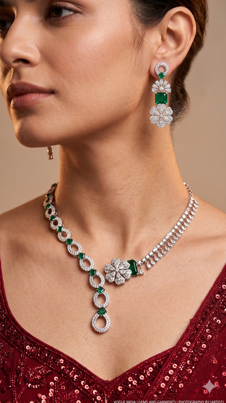 Zulekha Jademist Diamond Set – jade green American Diamond necklace and earring set