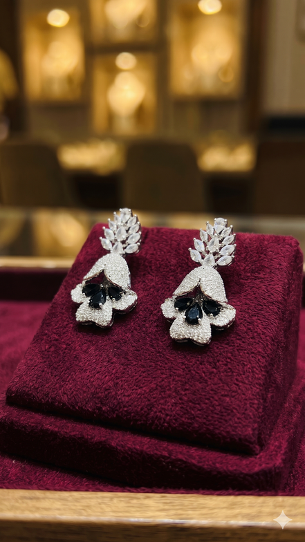 Zulekha Midnight Petal Diamond Set – black American Diamond necklace and earring set