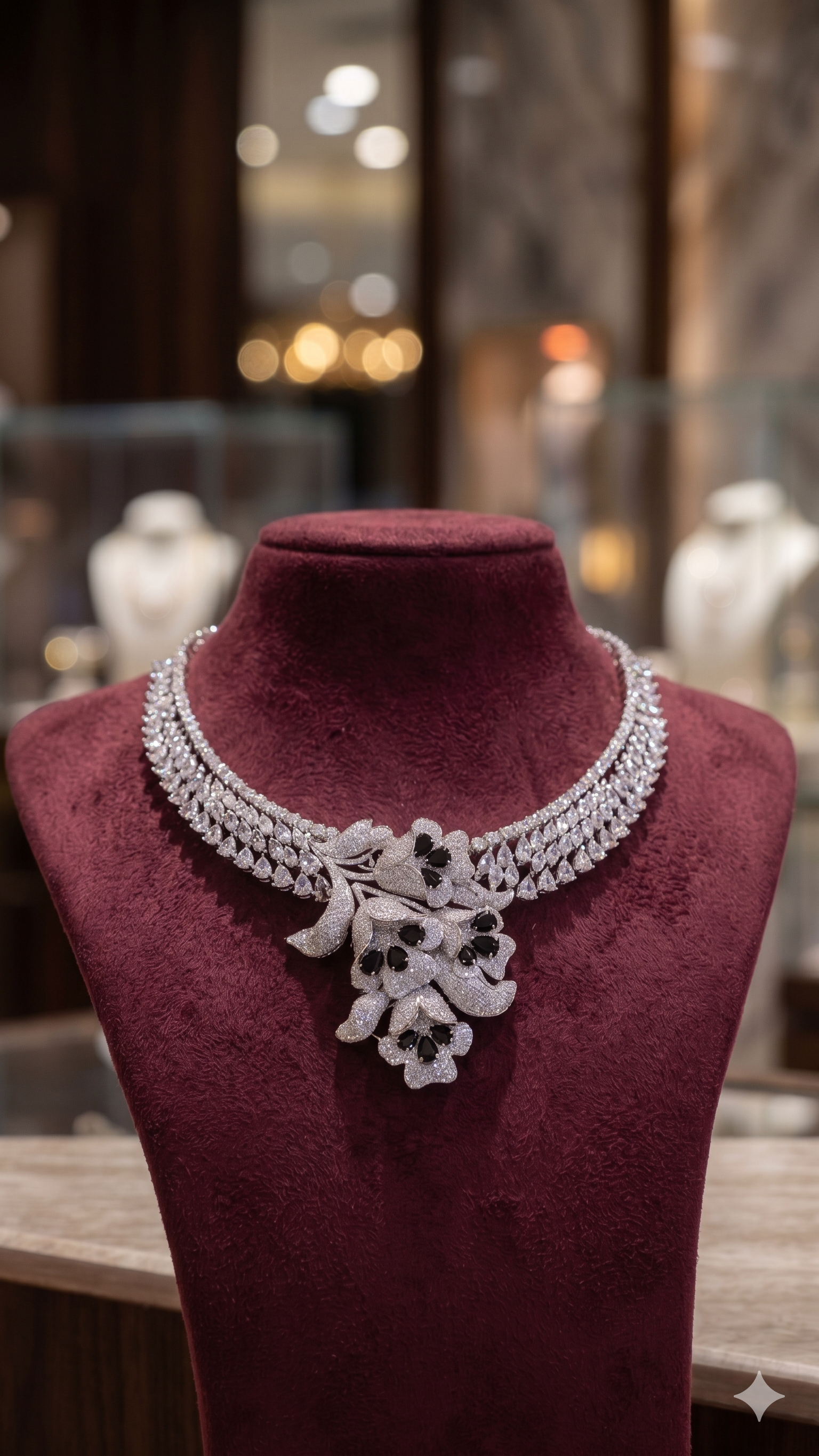 Zulekha Midnight Petal Diamond Set – black American Diamond necklace and earring set