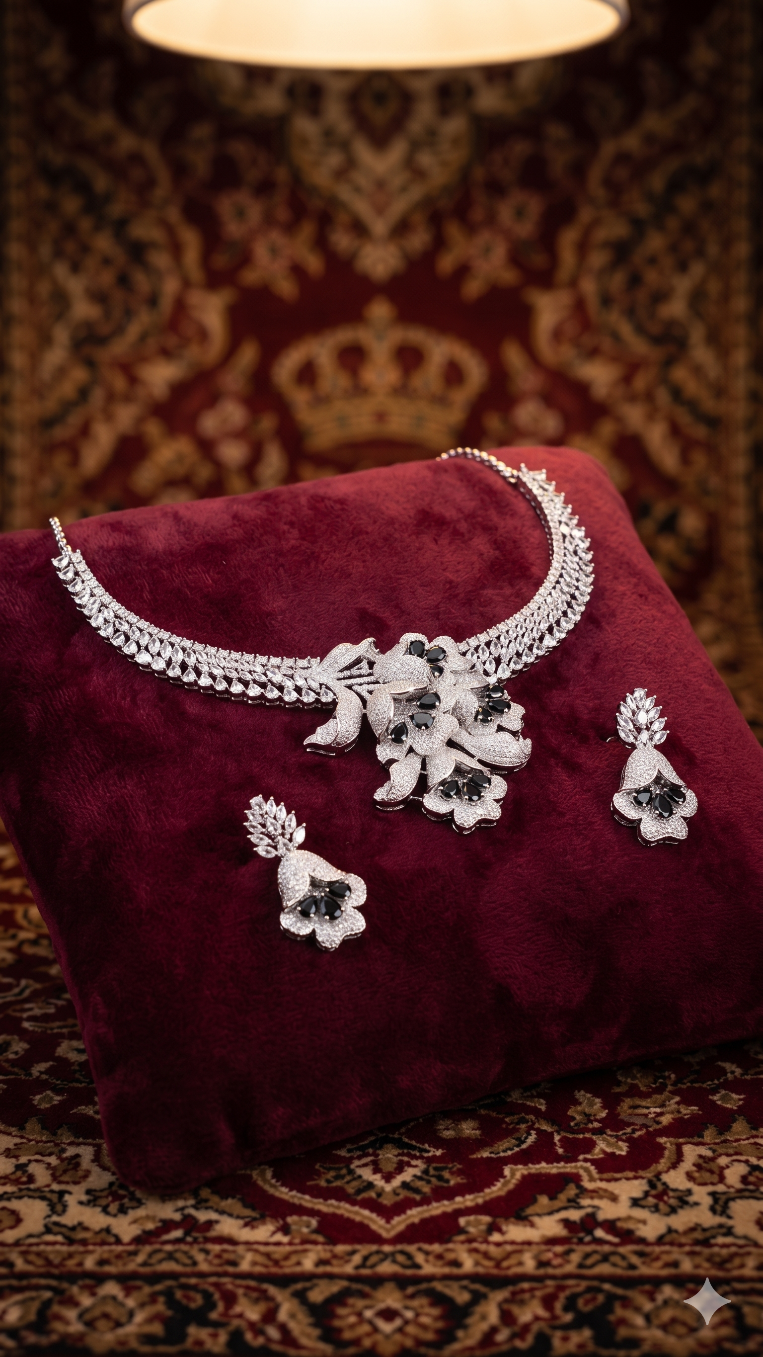 Zulekha Midnight Petal Diamond Set – black American Diamond necklace and earring set