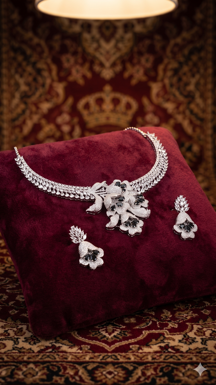 Zulekha Midnight Petal Diamond Set – black American Diamond necklace and earring set