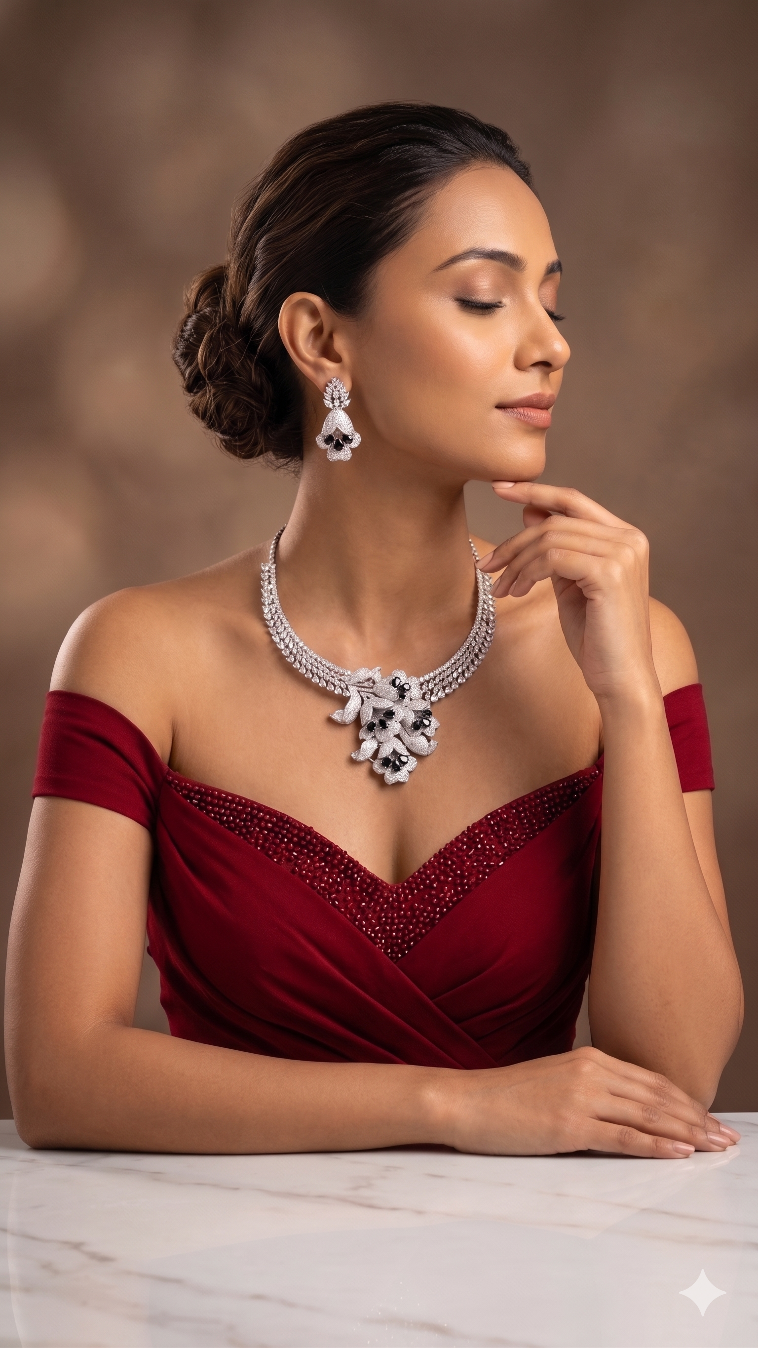 Zulekha Midnight Petal Diamond Set – black American Diamond necklace and earring set