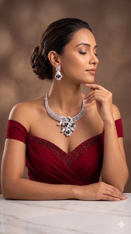 Zulekha Midnight Petal Diamond Set – black American Diamond necklace and earring set