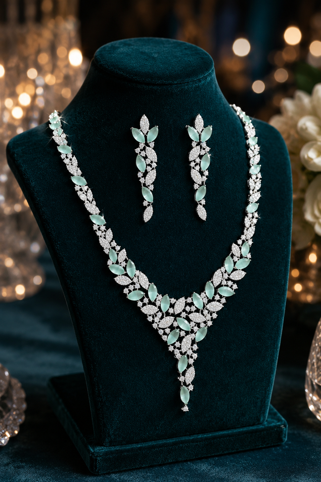 Zulekha Moonleaf Dew Diamond Set – American Diamond necklace and earring set with leaf motifs