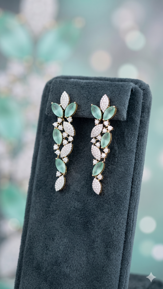 Zulekha Moonleaf Dew Diamond Set – American Diamond necklace and earring set with leaf motifs