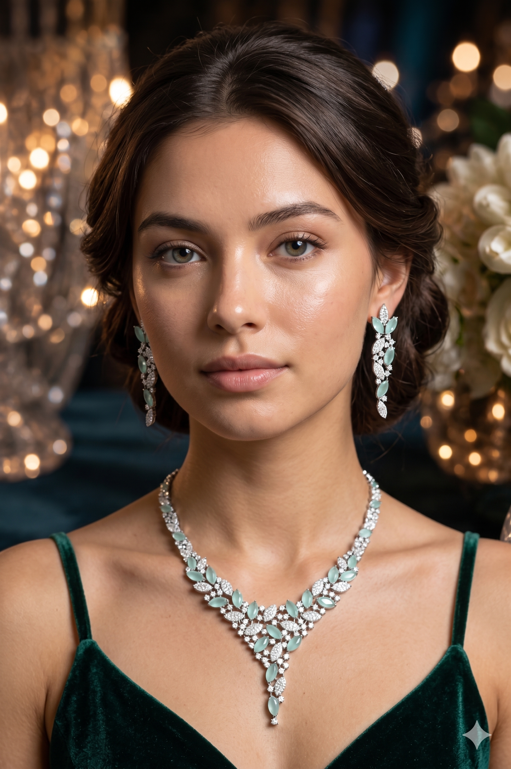 Zulekha Moonleaf Dew Diamond Set – American Diamond necklace and earring set with leaf motifs