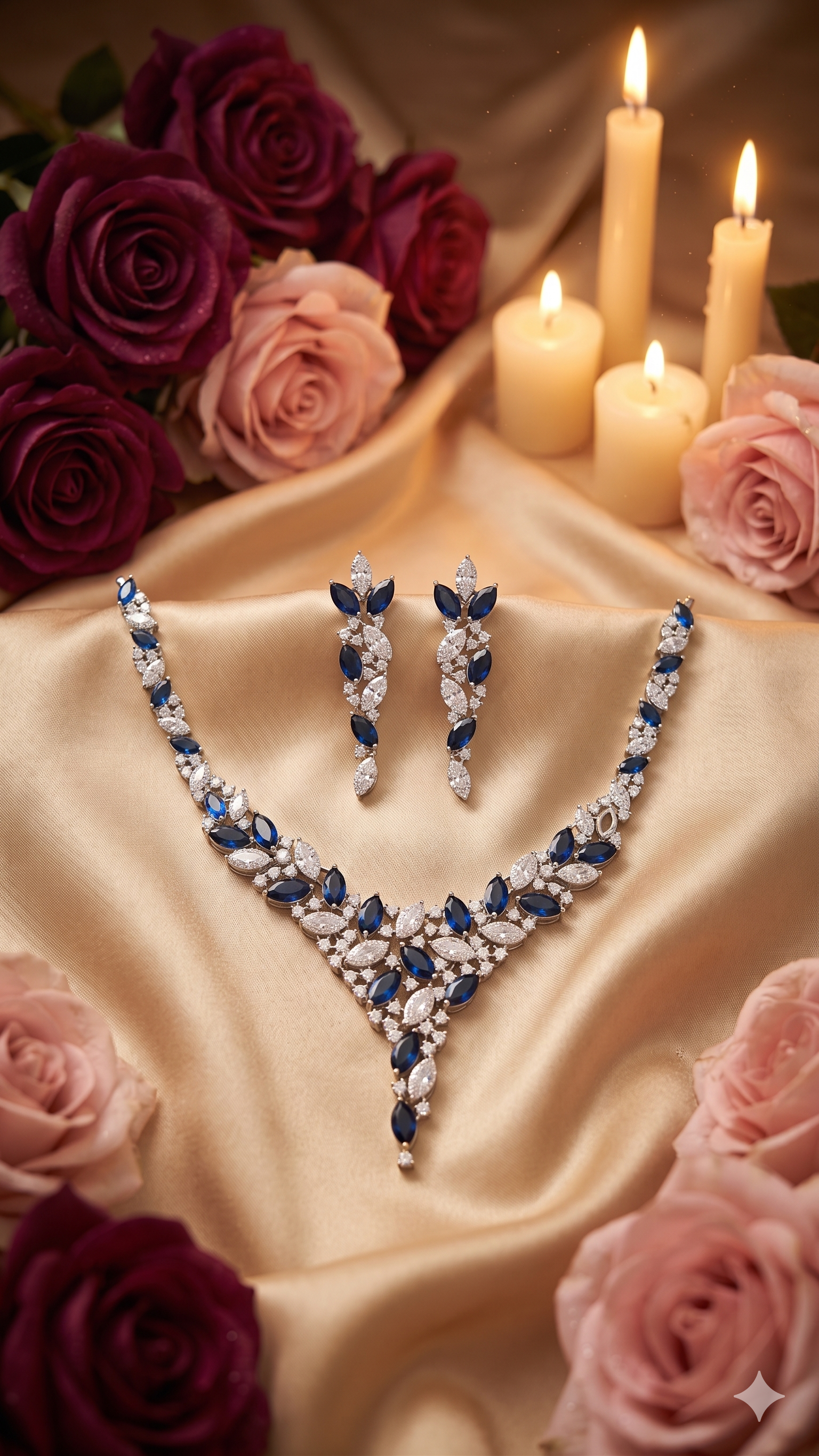 Zulekha Moonleaf Sapphire Diamond Set – blue American Diamond necklace and earring set with leaf motifs