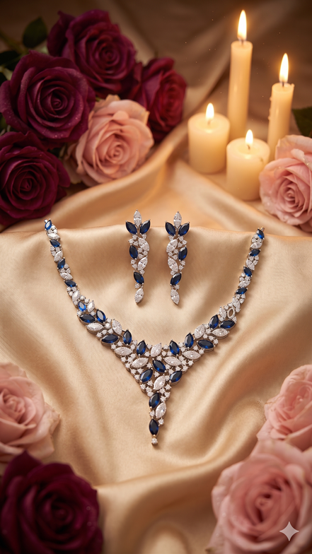 Zulekha Moonleaf Sapphire Diamond Set – blue American Diamond necklace and earring set with leaf motifs