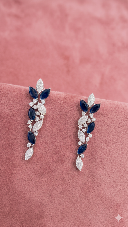 Zulekha Moonleaf Sapphire Diamond Set – blue American Diamond necklace and earring set with leaf motifs