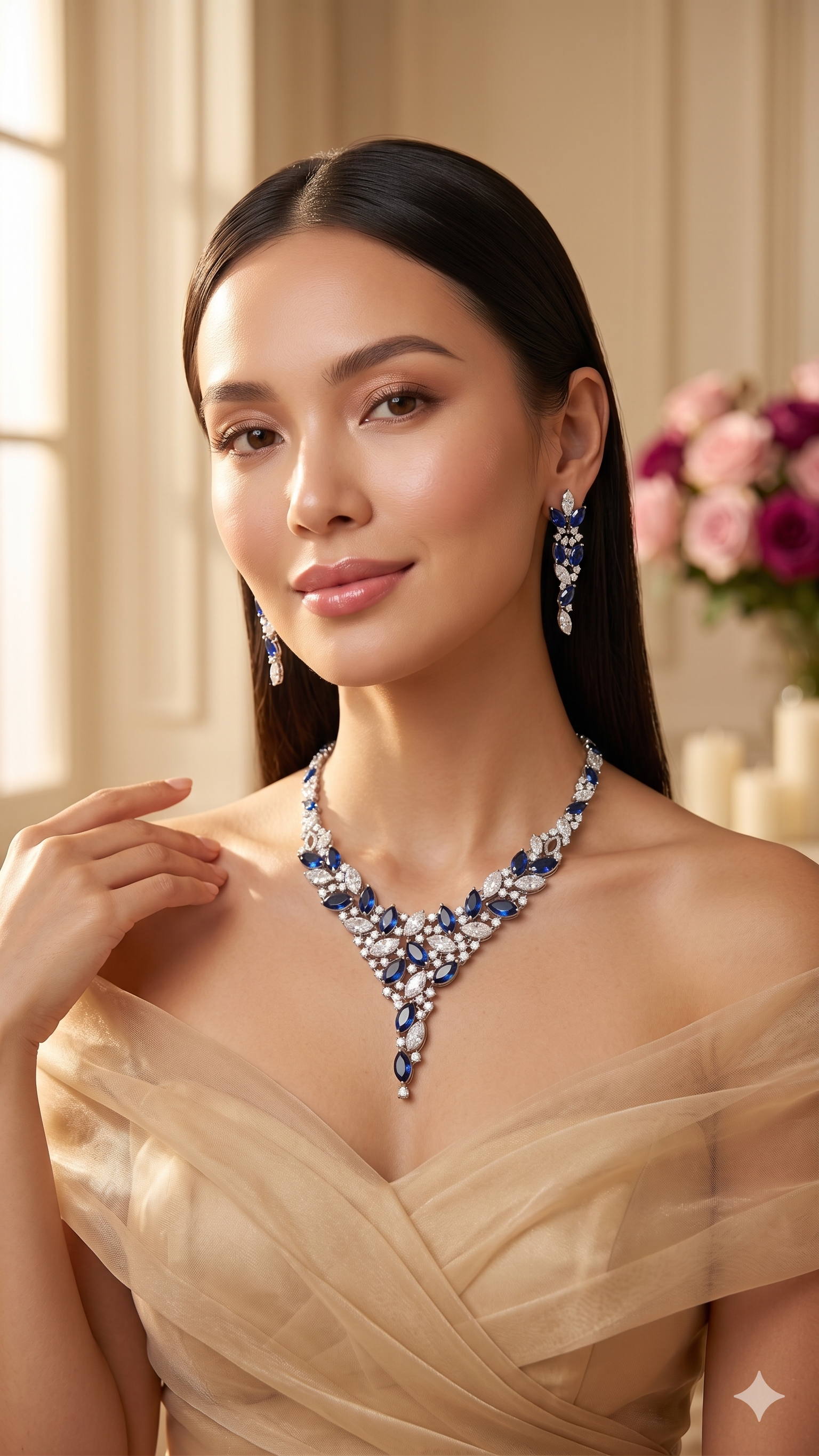 Zulekha Moonleaf Sapphire Diamond Set – blue American Diamond necklace and earring set with leaf motifs