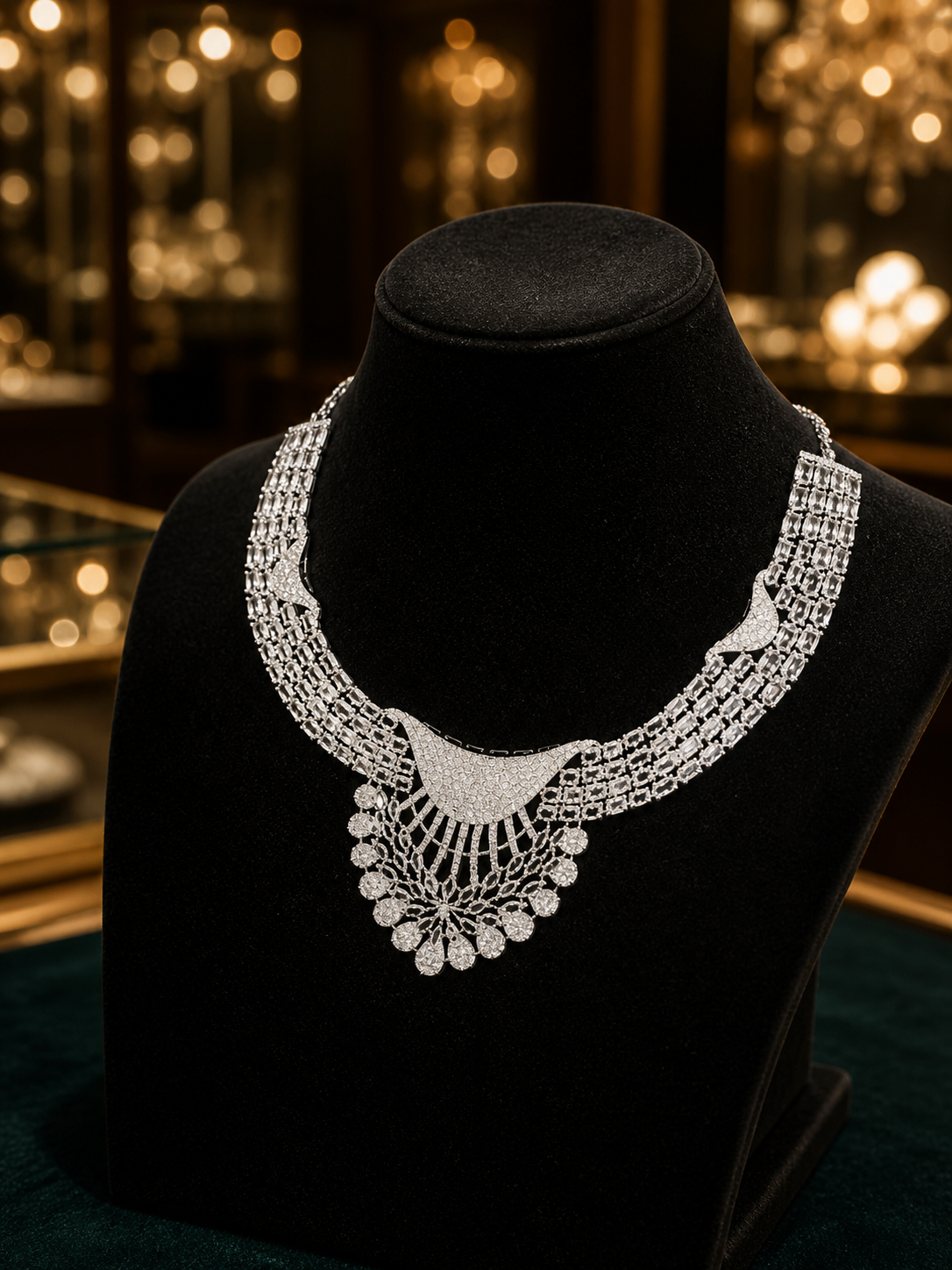 Zulekha Moonlight Regalia Diamond Set – silver American Diamond necklace and earring set