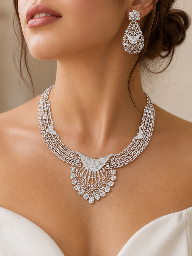 Zulekha Moonlight Regalia Diamond Set – silver American Diamond necklace and earring set