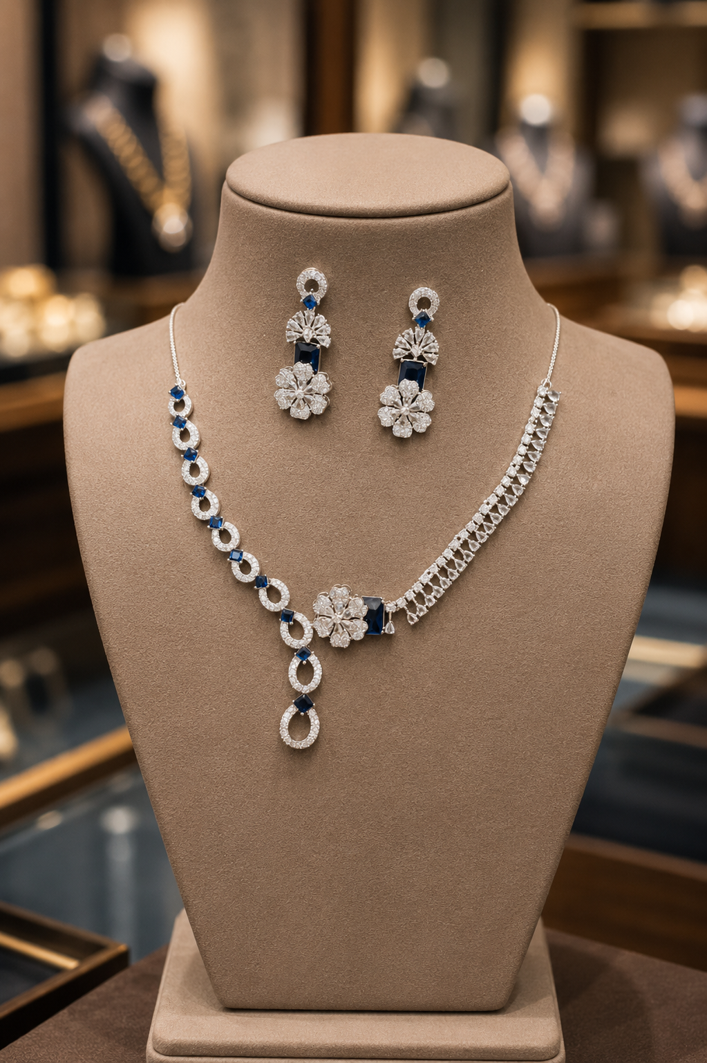 Zulekha Moonmist Diamond Set – silver white American Diamond necklace and earring set