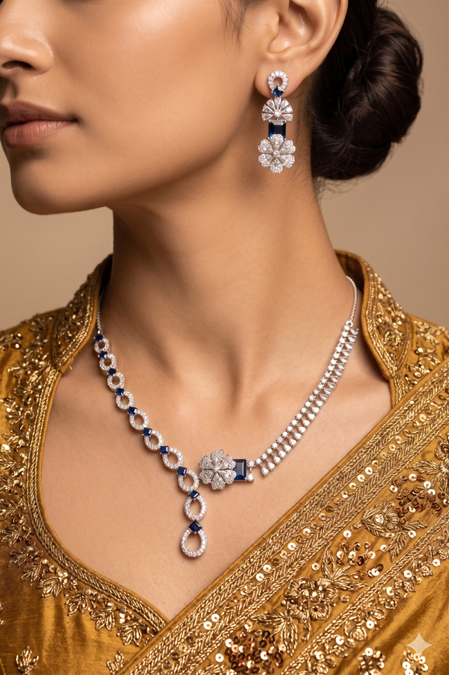 Zulekha Moonmist Diamond Set – silver white American Diamond necklace and earring set
