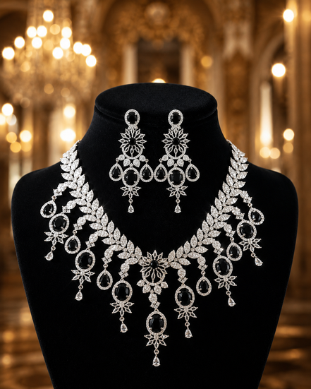 Zulekha Noir Celeste Diamond Set – black American Diamond necklace and earring set
