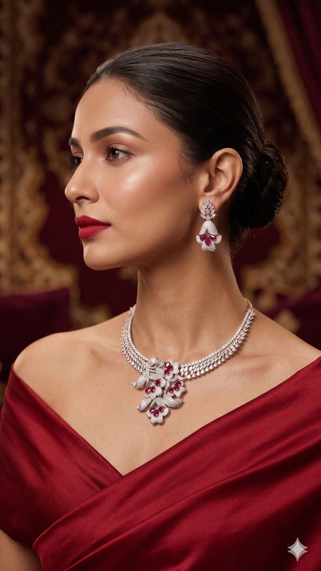 Zulekha Rose Petal Diamond Set – rose pink American Diamond necklace and earring set