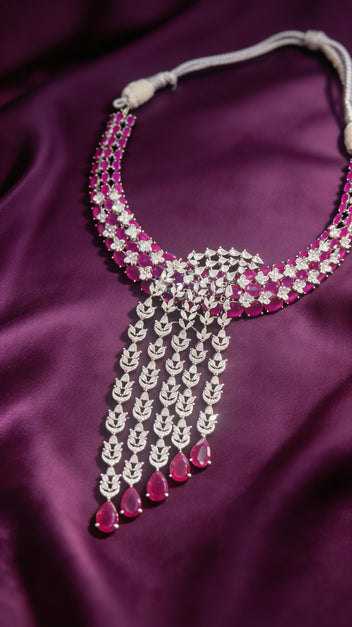 Zulekha Rosè Veil Choker Set – rose pink American Diamond choker necklace set