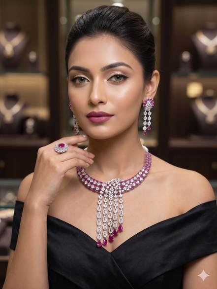 Zulekha Rosè Veil Choker Set – rose pink American Diamond choker necklace set