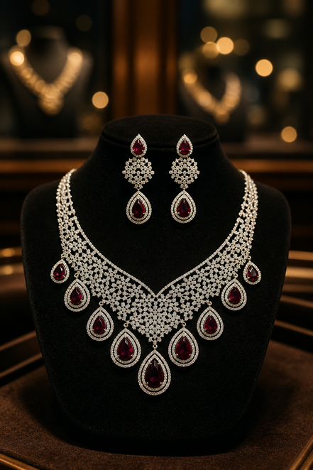 Zulekha Roselle Aura Diamond Set – rose pink American Diamond necklace and earring set