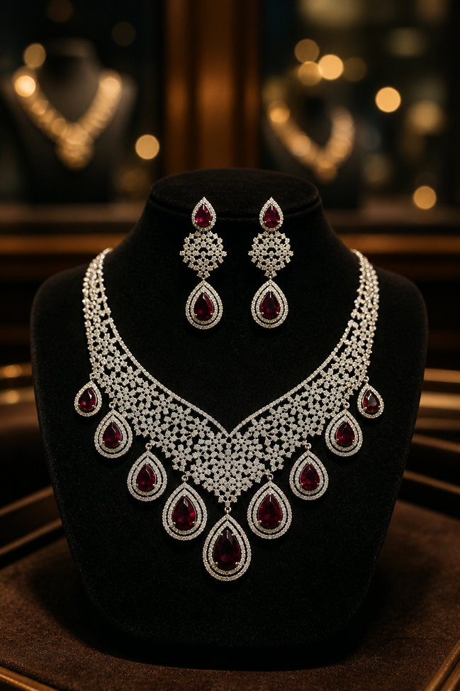 Zulekha Roselle Aura Diamond Set – rose pink American Diamond necklace and earring set