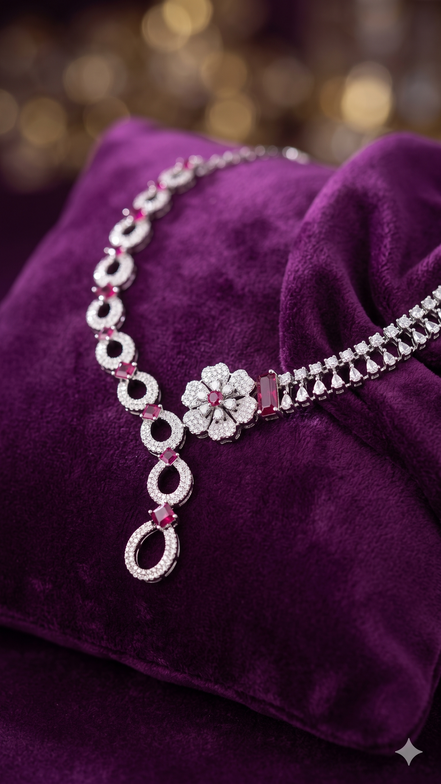 Zulekha Rosemist Diamond Set – rose pink American Diamond necklace and earring set