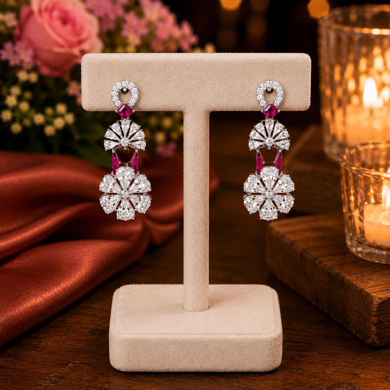 Zulekha Rosemist Diamond Set – rose pink American Diamond necklace and earring set