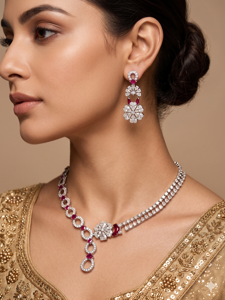 Zulekha Rosemist Diamond Set – rose pink American Diamond necklace and earring set