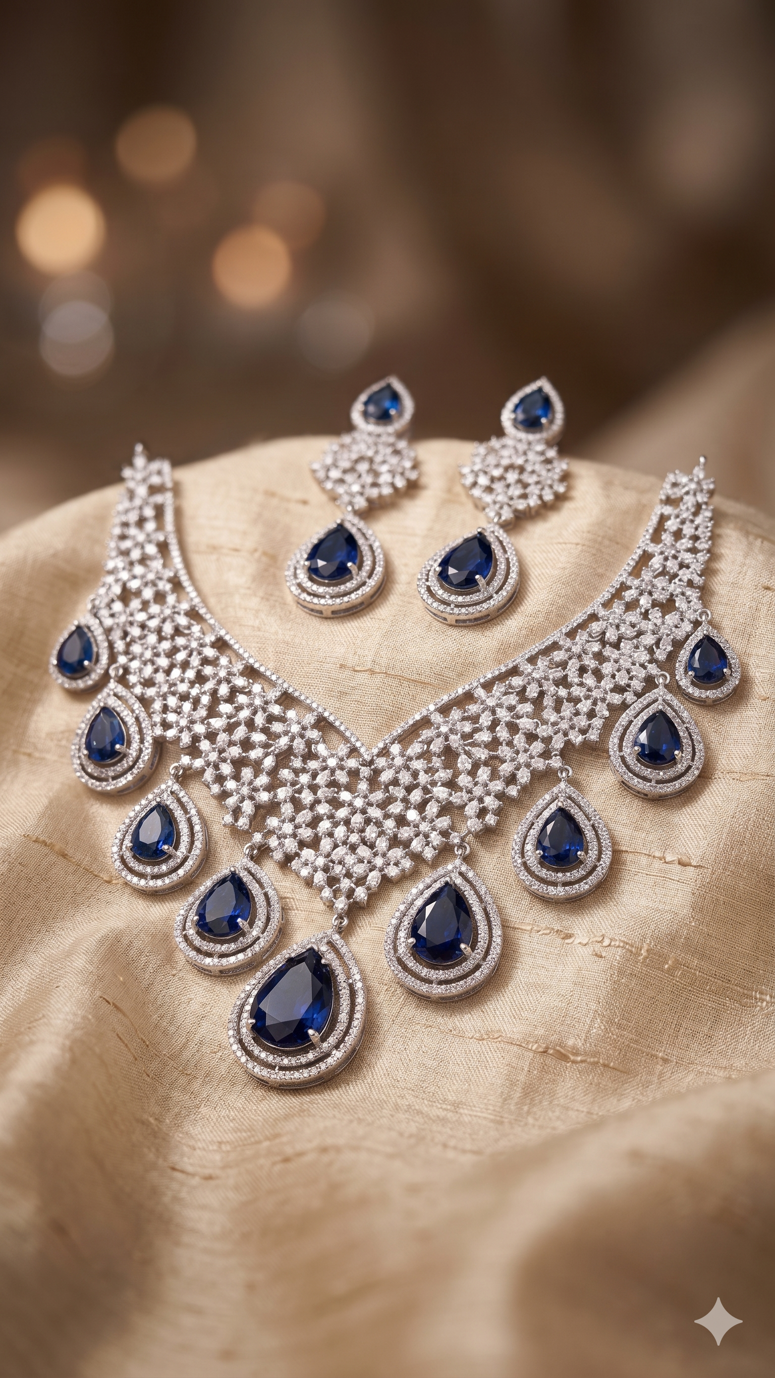 Zulekha Sapphire Aura Diamond Set – sapphire blue American Diamond necklace and earring set