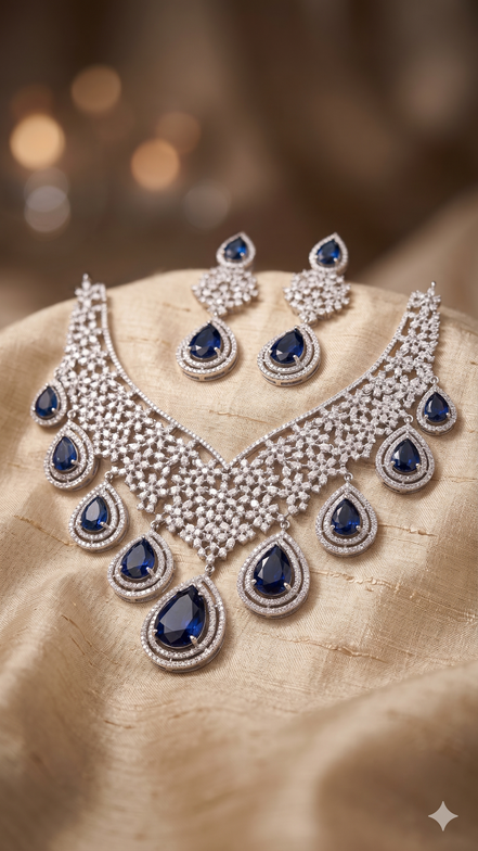 Zulekha Sapphire Aura Diamond Set – sapphire blue American Diamond necklace and earring set