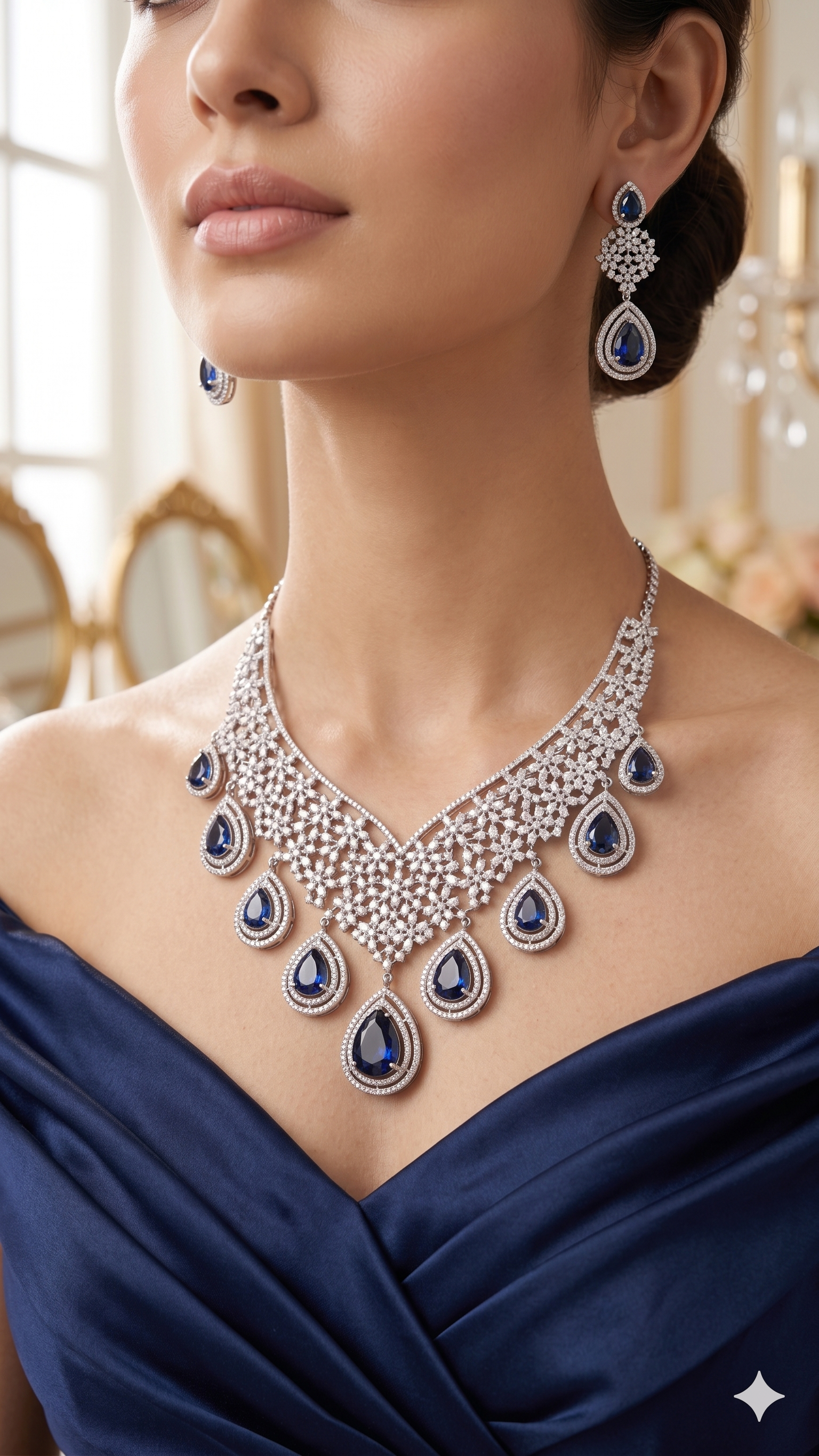 Zulekha Sapphire Aura Diamond Set – sapphire blue American Diamond necklace and earring set