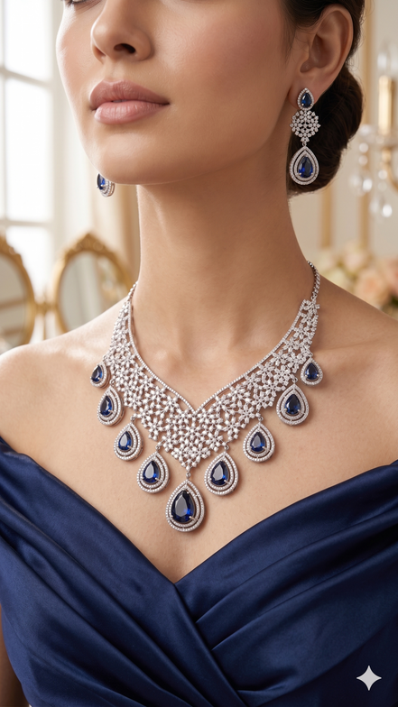 Zulekha Sapphire Aura Diamond Set – sapphire blue American Diamond necklace and earring set