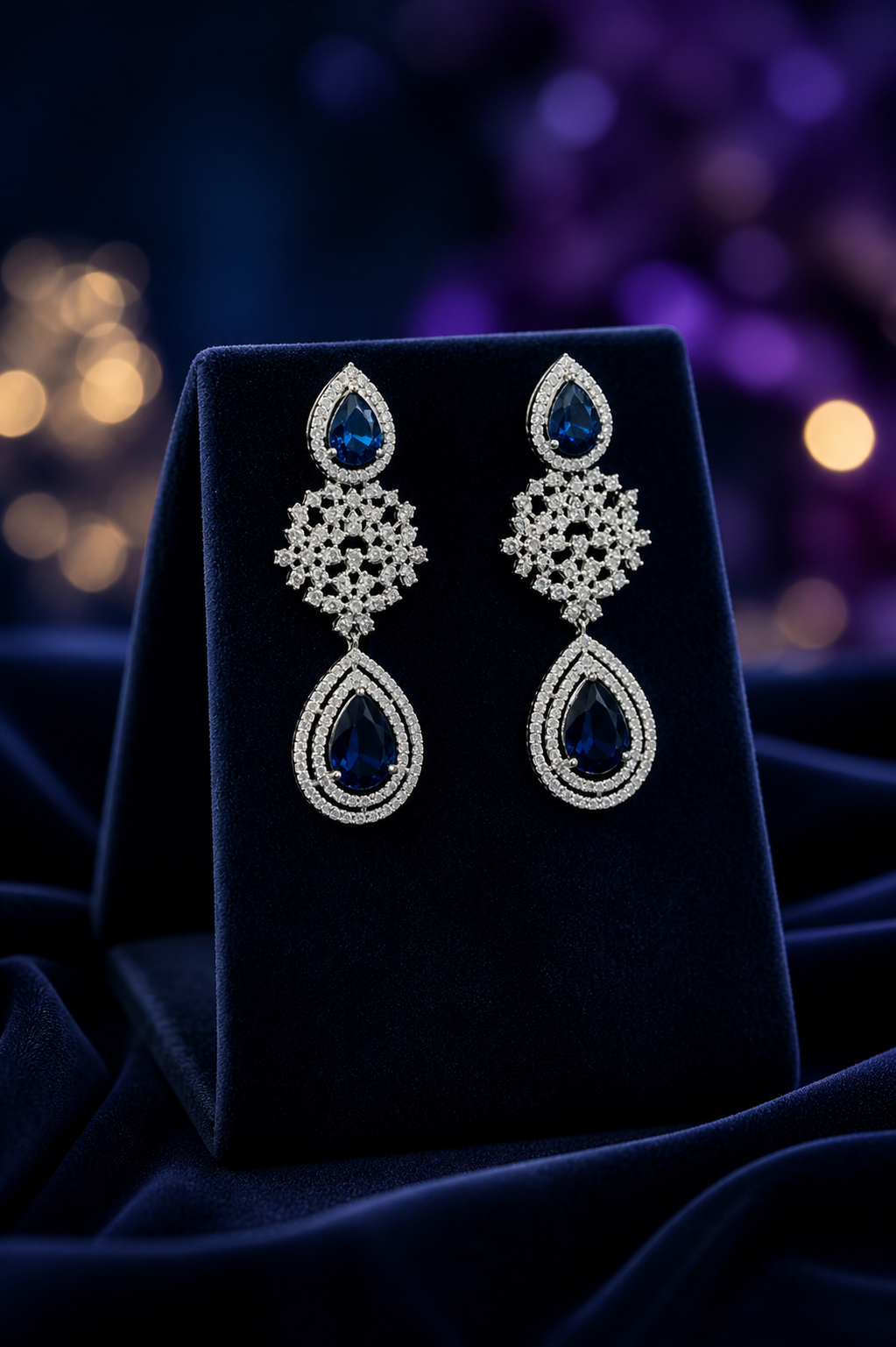 Zulekha Sapphire Aura Diamond Set – sapphire blue American Diamond necklace and earring set