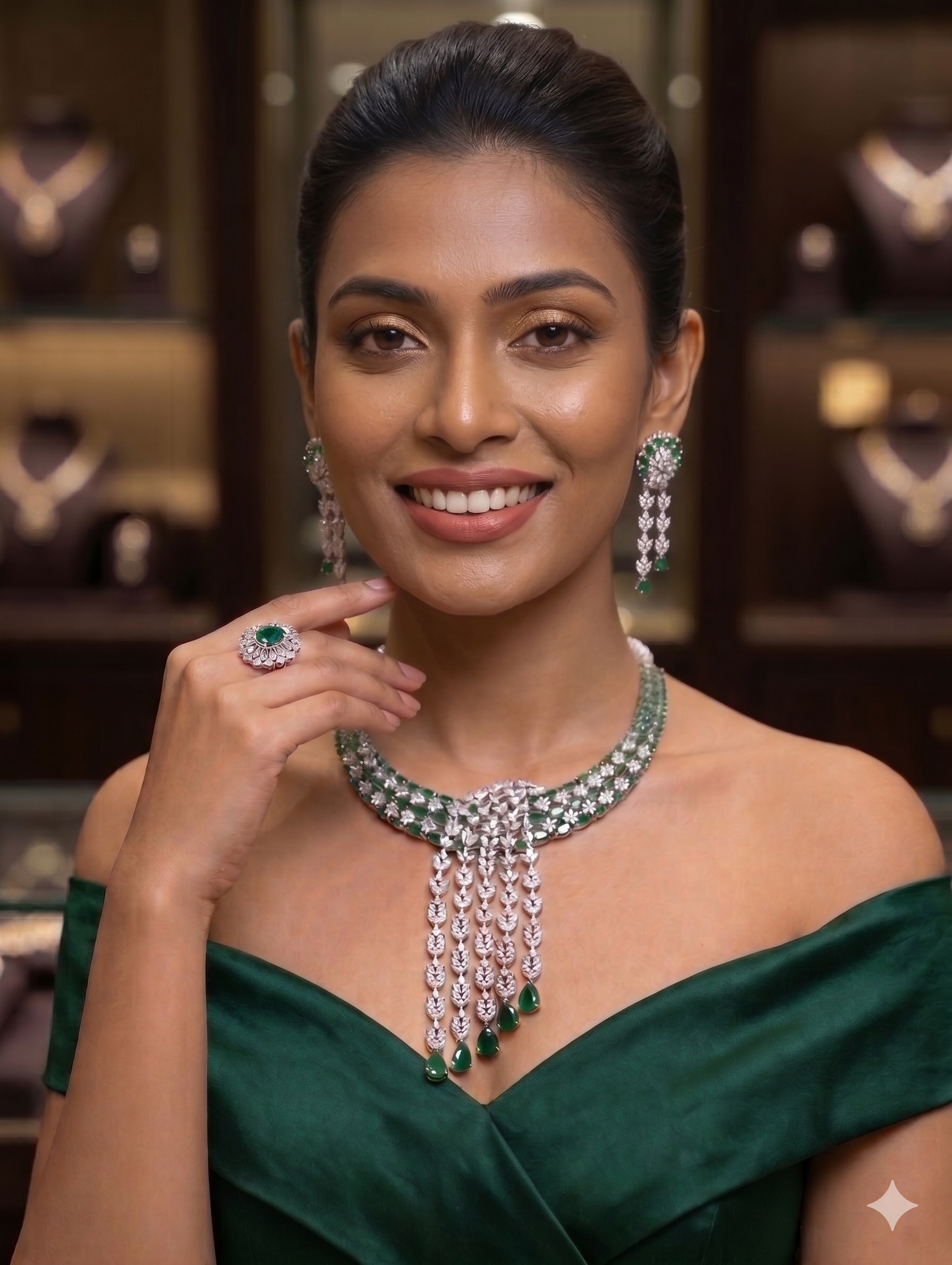 Zulekha Verdant Veil Choker Set – emerald green American Diamond choker necklace set