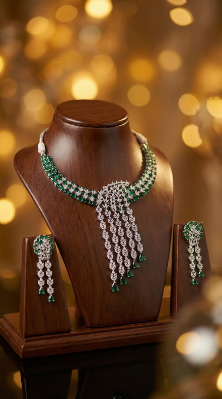 Zulekha Verdant Veil Choker Set – emerald green American Diamond choker necklace set