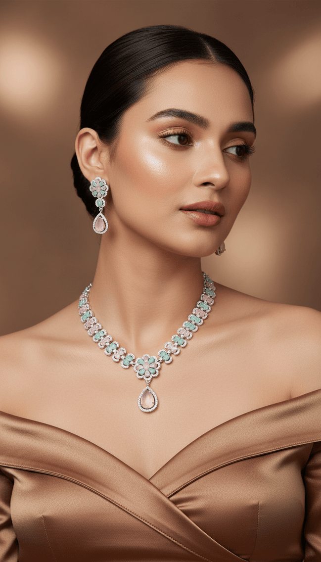 Zulekha Blush & Mint Floral Drop Necklace