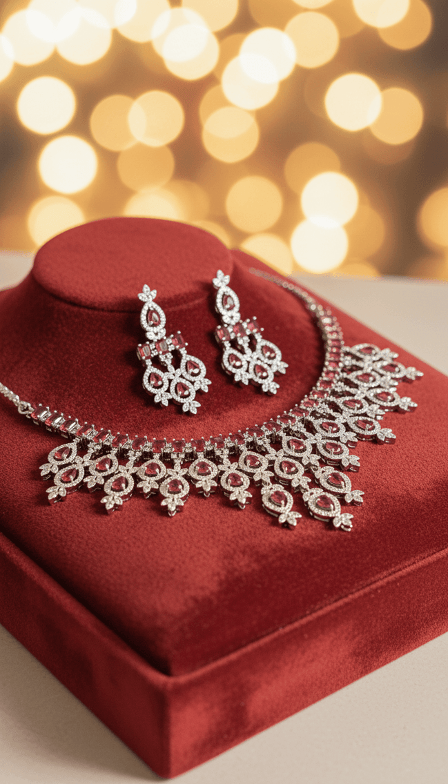 Zulekha Crimson Elegance Set – deep red American Diamond necklace and earring set