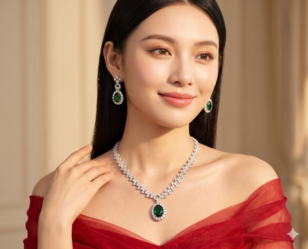 Zulekha Jade Halo Diamond Set – jade green American Diamond necklace and earring set