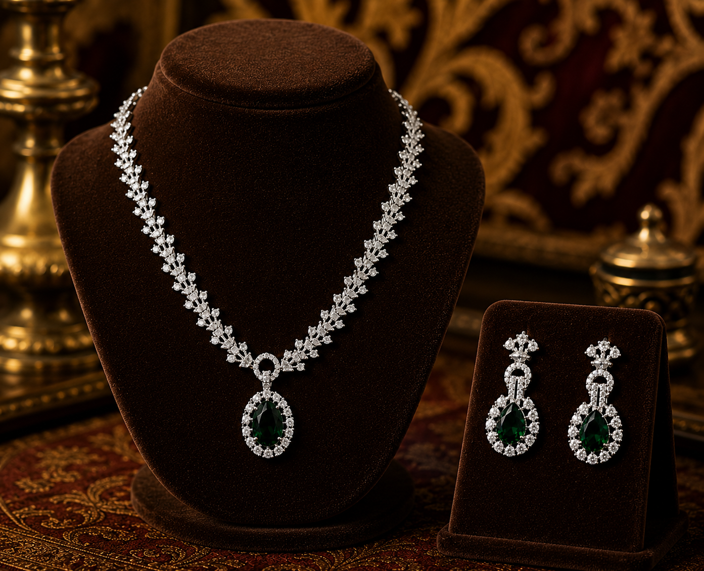 Zulekha Jade Halo Diamond Set – jade green American Diamond necklace and earring set