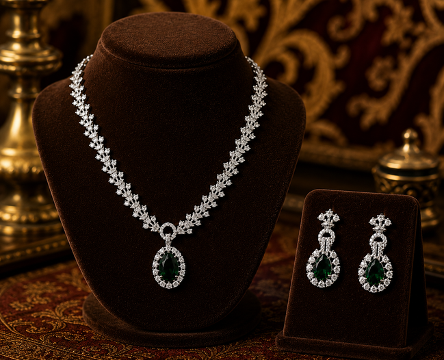 Zulekha Jade Halo Diamond Set – jade green American Diamond necklace and earring set