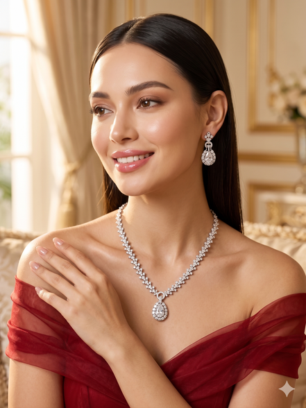 Zulekha Moon Halo Diamond Set – silver white American Diamond necklace and earring set